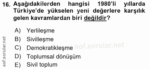 16. soru: Aşağıdakilerden hangisi 1980'li yıllarda Türkiye'de yükselen yeni değerlere karşılık gelen kavramlardan biri değildir…