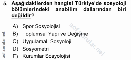 5. soru: Aşağıdakilerden hangisi Türkiye'de sosyoloji bölümlerindeki anabilim dallarından biri değildir? A) Spor Sosyolojisi B…