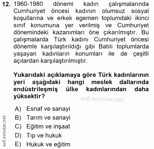 12. soru: 1960-1980 dönemi kadın çalışmalarında Cumhuriyet öncesi kadının olumsuz sosyal koşullarına ve erkek egemen toplumdaki…