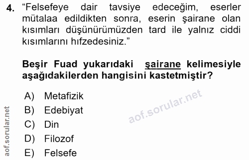 4. soru: "Felsefeye dair tavsiye edeceğim, eserler mütalaa edildikten sonra, eserin șairane olan kısımları düşünürümüzden tard…