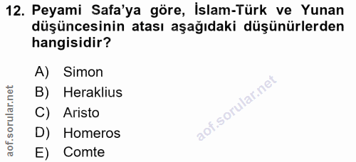12. soru: Peyami Safa'ya göre, İslam-Türk ve Yunan düşüncesinin atası aşağıdaki düşünürlerden hangisidir? A) Simon Heraklius C)…