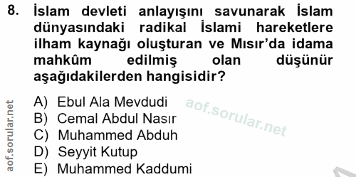 8. soru: İslam devleti anlayışını savunarak Islam dünyasındaki radikal İslami hareketlere ilham kaynağı oluşturan ve Mısır'da…