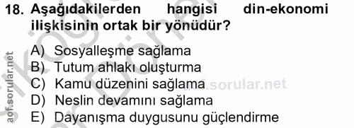 18. soru: Aşağıdakilerden hangisi din-ekonomi ilişkisinin ortak bir yönüdür? A) Sosyalleşme sağlama B). Tutum ahlakı oluşturma…