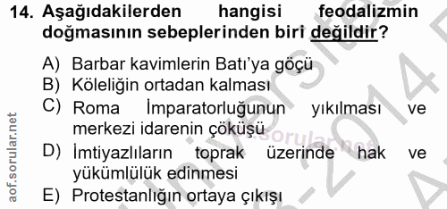 14. soru: Aşağıdakilerden hangisi feodalizmin doğmasının sebeplerinden biri değildir? A) Barbar kavimlerin Batı'ya göçü B) Köle…