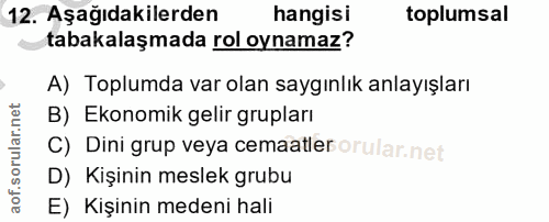 12. soru: Aşağıdakilerden hangisi toplumsal tabakalaşmada rol oynamaz? A) Toplumda var olan saygınlık anlayışları B) Ekonomik g…