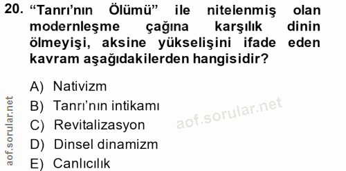 20. soru: "Tanrı'nın Ölümü" ile nitelenmiş olan modernleşme çağına karşılık dinin ölmeyişi, aksine yükselişini ifade eden kavra…