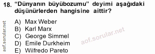 18. soru: "Dünyanın büyübozumu" deyimi aşağıdaki düşünürlerden hangisine aittir? A) Max Weber B) Karl Marx C) George Simmel D)…