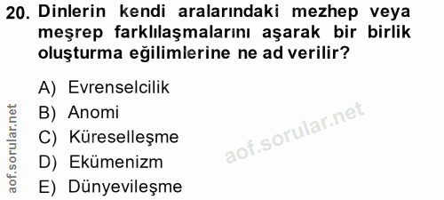 20. soru: Dinlerin kendi aralarındaki mezhep veya meşrep farklılaşmalarını aşarak bir birlik oluşturma eğilimlerine ne ad veril…