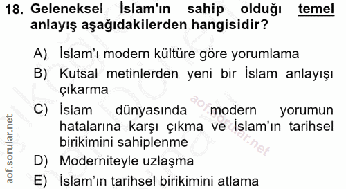 18. soru: Geleneksel İslam'ın sahip olduğı temel anlayış aşağıdakilerden hangisidir? A) Islam'ı modern kültüre göre yorumlama B…
