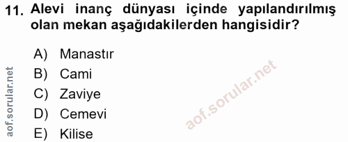 11. soru: Alevi inanç dünyası içinde yapılandırılmış olan mekan aşağıdakilerden hangisidir? A) Manastır B) Cami C) Zaviye D) Ce…