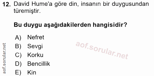 12. soru: David Hume'a göre din, insanın bir duygusundan turemiştir. Bu duygu aşağıdakilerden hangisidir? A) Nefret B) Sevgi C)…