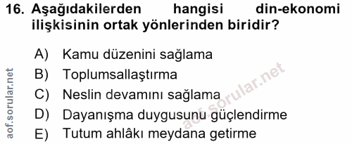 16. soru: Aşağıdakilerden hangisi din-ekonomi ilişkisinin ortak yönlerinden biridir? A) Kamu düzenini sağlama B) Toplumsallaştı…