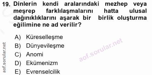 19. soru: Dinlerin kendi aralarındaki mezhep veya meşrep farklılaşmalarını hatta ulusal dağınıklıklarını aşarak bir birlik oluş…