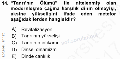 14. soru: "Tanrı'nın Ölümü" ile nitelenmiş olan modernleşme çağına karşılık dinin ölmeyişi, aksine yükselişini ifade eden metef…