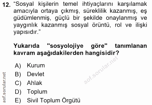 12. soru: "Sosyal kişilerin temel ihtiyaçlarını karşılamak amacıyla ortaya çıkmış, süreklilik kazanmış, eş güdümlenmiş, güçlü b…