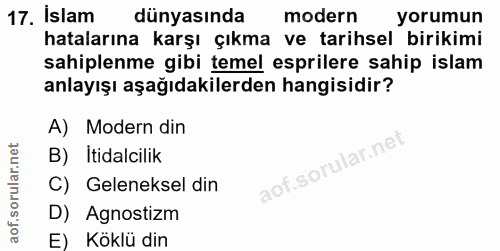 17. soru: İslam dünyasında modern yorumun hatalarına karşı çıkma ve tarihsel birikimi sahiplenme gibi temel esprilere sahip isl…