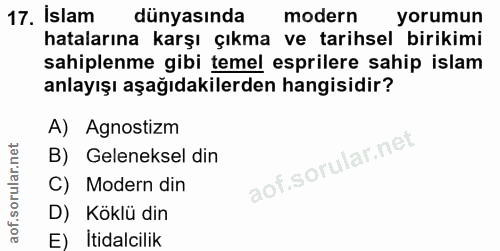 17. soru: İslam dünyasında modern yorumun hatalarına karşı çıkma ve tarihsel birikimi sahiplenme gibi temel esprilere sahip isl…