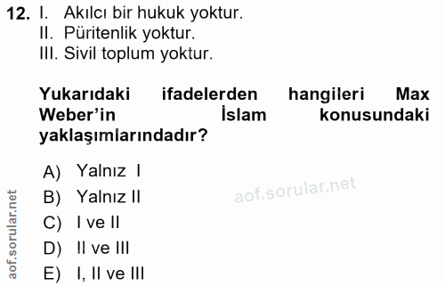 12. soru: I. Akılcı bir hukuk yoktur. II. Püritenlik yoktur. III. Sivil toplum yoktur. Yukarıdaki ifadelerden hangileri Max Web…