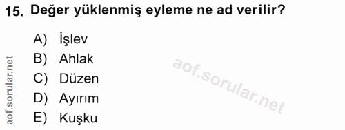 15. soru: Değer yüklenmiş eyleme ne ad verilir? A) Işlev B) Ahlak C) Düzen D) Ayırım E) Kuşku
