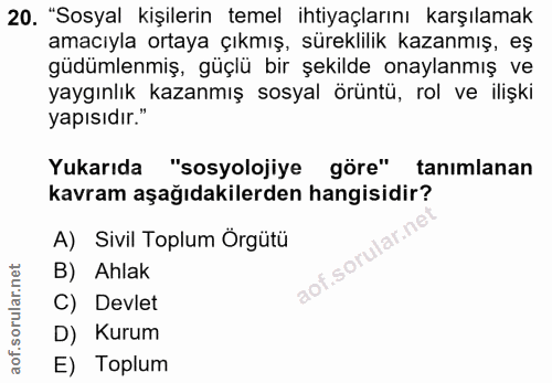 20. soru: "Sosyal kişilerin temel ihtiyaçlarını karşılamak amacıyla ortaya çıkmış, süreklilik kazanmış, eş güdümlenmiş, güçlü b…