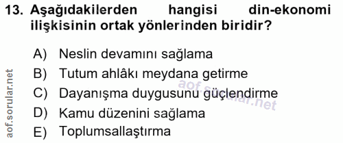 13. soru: Aşağıdakilerden hangisi din-ekonomi ilişkisinin ortak yönlerinden biridir? A) Neslin devamını sağlama B) Tutum ahlâkı…