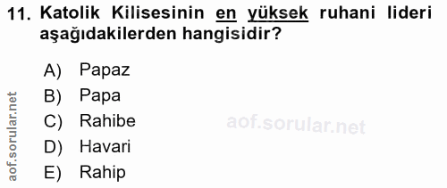 11. soru: Katolik Kilisesinin en yüksek ruhani lideri aşağıdakilerden hangisidir? A) Papaz B) Papa C) Rahibe D) Havari E) Rahip