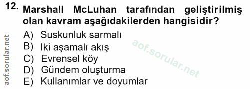 12. soru: Marshall McLuhan tarafından geliştirilmiş olan kavram aşağıdakilerden hangisidir? A) Suskunluk sarmalı B) Iki aşamalı…