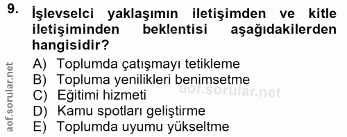 9. soru: İşlevselci yaklaşımın iletişimden ve kitle beklentisi iletişiminden aşağıdakilerden hangisidir? A) Toplumda çatışmayı…