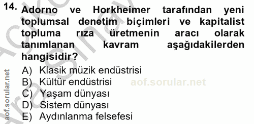 14. soru: Adorno ve Horkheimer tarafindan yeni toplumsal denetim biçimleri ve kapitalist topluma rıza üretmenin aracı olarak ta…