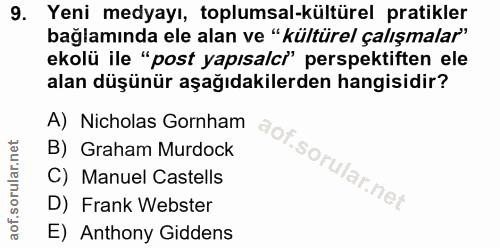 9. soru: Yeni medyayı, toplumsal-kültürel pratikler bağlamında ele alan ve "kültürel çalışmalar" ekolü ile "post yapısalci' pe…