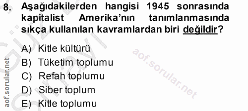 8. soru: Aşağıdakilerden hangisi 1945 sonrasında kapitalist Amerika'nın tanımlanmasında sıkça kullanılan kavramlardan biri değ…