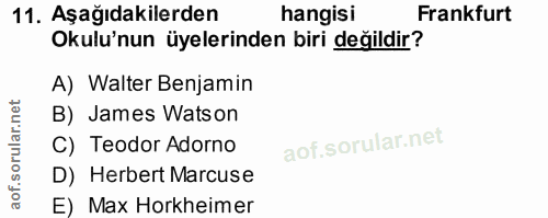 11. soru: Aşağıdakilerden hangisi Frankfurt Okulu'nun üyelerinden biri değildir? A) Walter Benjamin B) James Watson C) Teodor A…