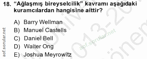 18. soru: "Ağlaşmış bireyselcilik" kavramı aşağıdaki kuramcılardan hangisine aittir? A) Barry Wellman B) Manuel Castells C) Dan…