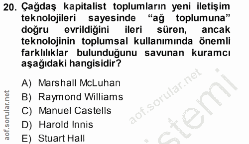 20. soru: Çağdaş kapitalist toplumların yeni iletişim teknolojileri sayesinde "ağ toplumuna" doğru erildiğini ileri süren, anca…