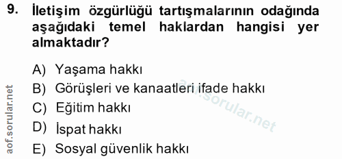 9. soru: İletişim özgürlüğü tartışmalarının odağında aşağıdaki temel haklardan hangisi yer almaktadır? A) Yaşama hakkı B) Görü…