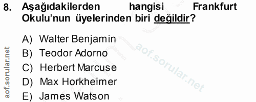 8. soru: Aşağıdakilerden hangisi Frankfurt Okulu'nun üyelerinden biri değildir? A) Walter Benjamin B) Teodor Adorno So C) Herb…