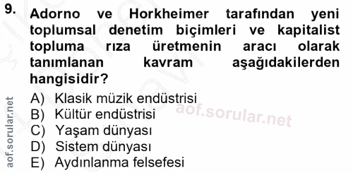9. soru: Adorno ve Horkheimer tarafindan yeni toplumsal denetim biçimleri ve kapitalist topluma riza üretmenin aracı olarak ta…