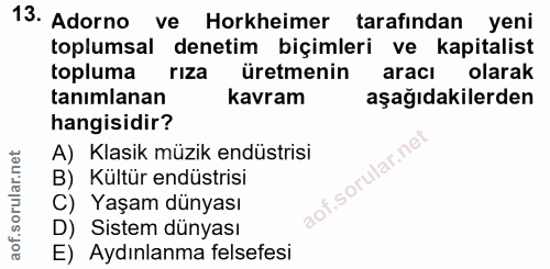 13. soru: Adorno ve Horkheimer tarafindan yeni toplumsal denetim biçimleri ve kapitalist topluma rıza üretmenin aracı olarak ta…