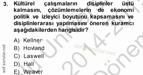 3. soru: Kültürel çalışmaların disiplinler üstü kalmasını, çözümlemelerin de ekonomi politik ve izleyici boyutunu kapsamasını…