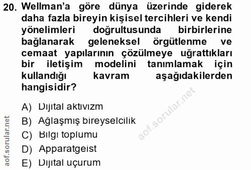 20. soru: Wellman'a göre dünya üzerinde giderek daha fazla bireyin kişisel tercihleri ve kendi yönelimleri doğrultusunda birbir…