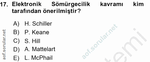 17. soru: Elektronik Sömürgecilik kavramı kim tarafından önerilmiştir? A) H. Schiller B) P. Keane C) S. Hill D) A. Mattelart E)…