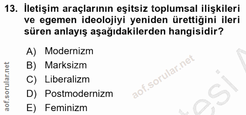 13. soru: İletişim araçlarının eşitsiz toplumsal ilişkileri ve egemen ideolojiyi yeniden ürettiğini ileri süren anlayış aşağıda…