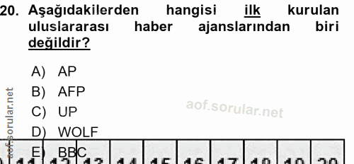 20. soru: Aşağıdakilerden hangisi ilk kurulan uluslararası haber ajanslarından biri değildir? A) AP B) AFP C) UP D) | WOLF EI B…