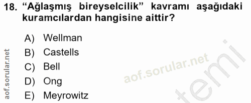 18. soru: "Ağlaşmış bireyselcilik" kavramı aşağıdaki kuramcılardan hangisine aittir? A) Wellman B) Castells C) Bell D) Ong E) M…