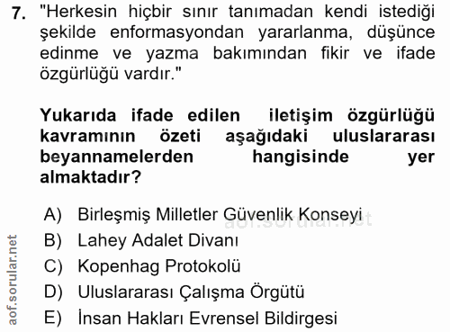 7. soru: "Herkesin hiçbir sınır tanımadan kendi istediği şekilde enformasyondan yararlanma, düşünce edinme ve yazma bakımından…