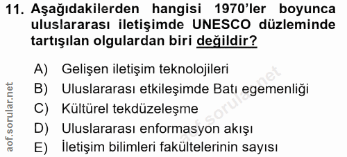 11. soru: Aşağıdakilerden hangisi 1970'ler boyunca uluslararası iletişimde UNESCO düzleminde tartışılan olgulardan biri değildi…