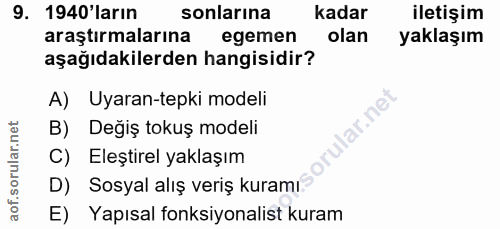 9. soru: 1940'ların sonlarına kadar iletişim araştırmalarına egemen olan yaklaşım aşağıdakilerden hangisidir? A) Uyaran-tepki…