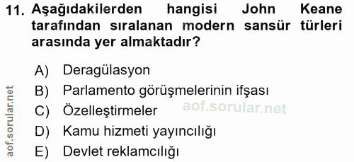 11. soru: Aşağıdakilerden hangisi John Keane tarafından sıralanan modern sansür türleri arasında yer almaktadır? A) Deragülasyo…
