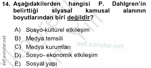 14. soru: Aşağıdakilerden hangisi P. Dahlgren'in belirttiği siyasal kamusal alanının boyutlarından biri değildir? A) Sosyo-kült…