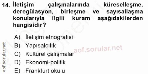 14. soru: İletişim çalışmalarında küreselleşme, deregülasyon, birleşme ve sayısallaşma konularıyla ilgili kuram aşağıdakilerden…